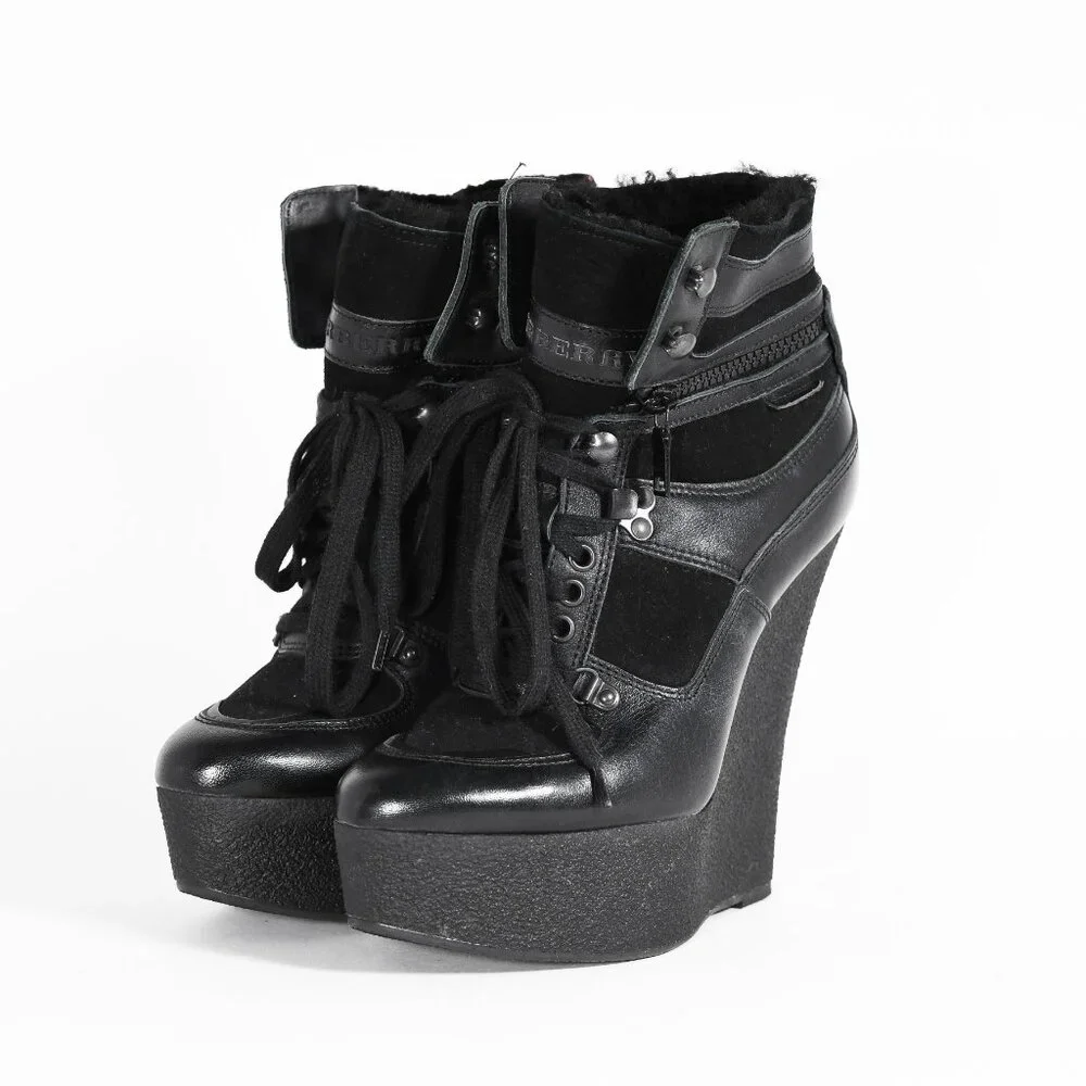 Burberry Black Leather Lace-Up Wedge Boots Women’s Size 38 - Picture 4 of 16